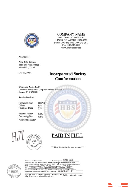 USA Florida incorporated society comformation Word and PDF template
